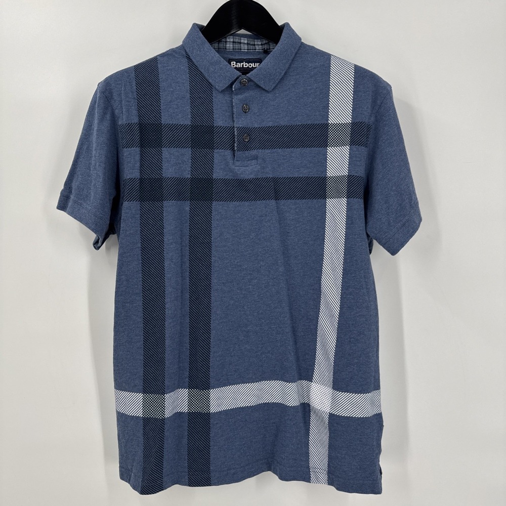 Barbour Men's Blaine Oversized Tartan-Print Polo Chambray XL Blue Casual Preppy